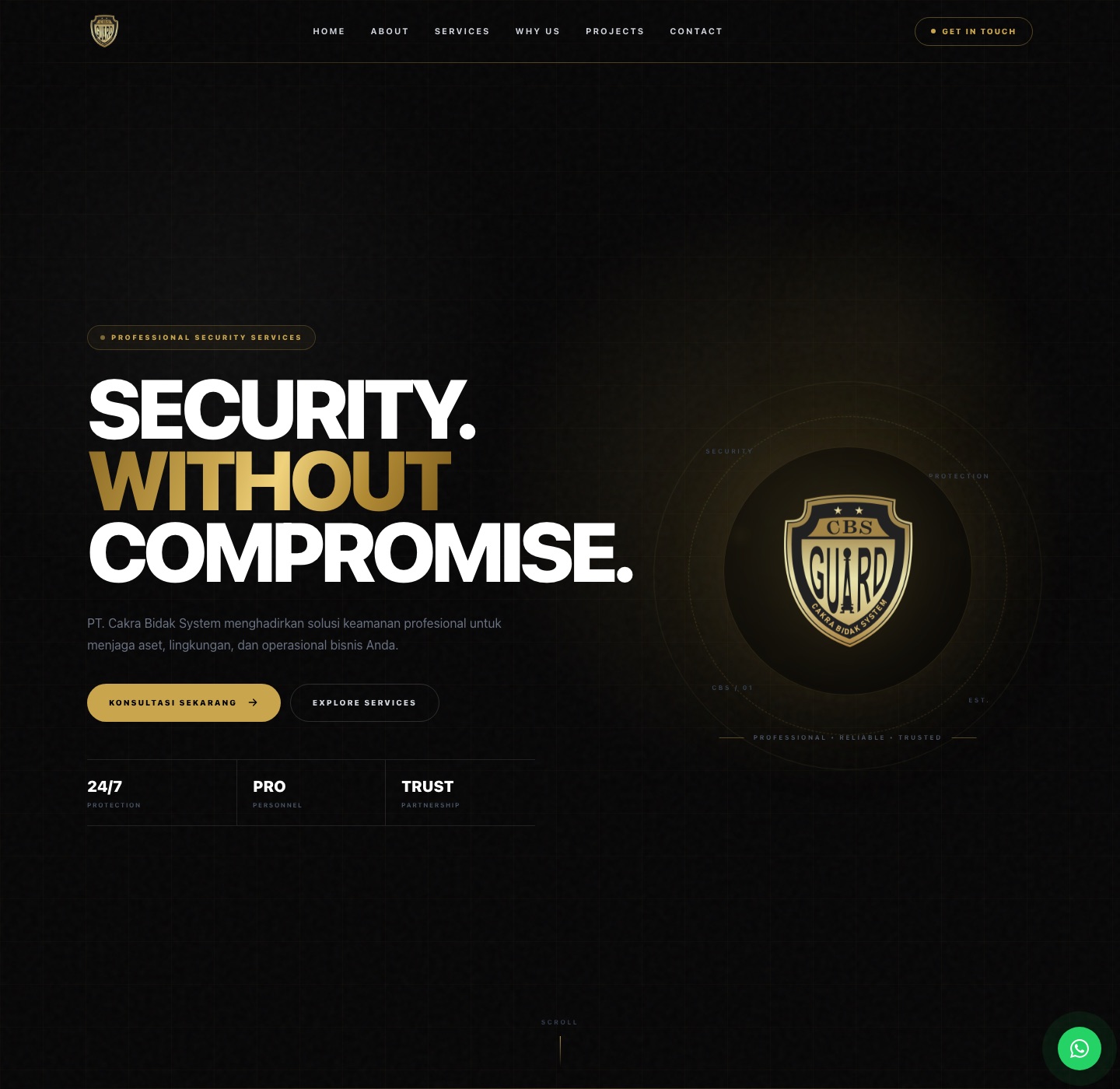 Local development capture of the CBS Guard home page, showing its security services introduction.