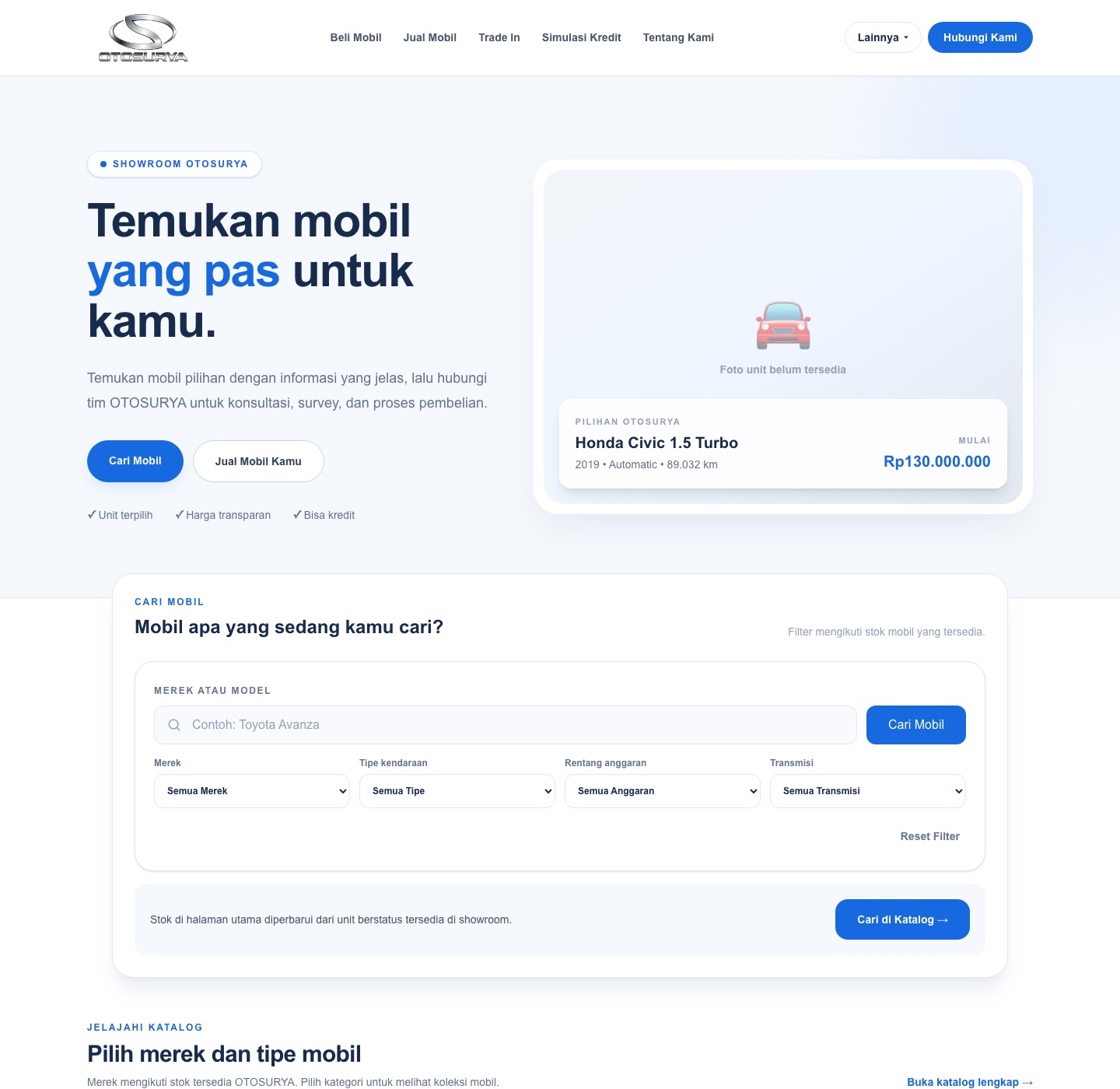 Local development capture of the OTOSURYA home page, showing its vehicle search and showroom interface.